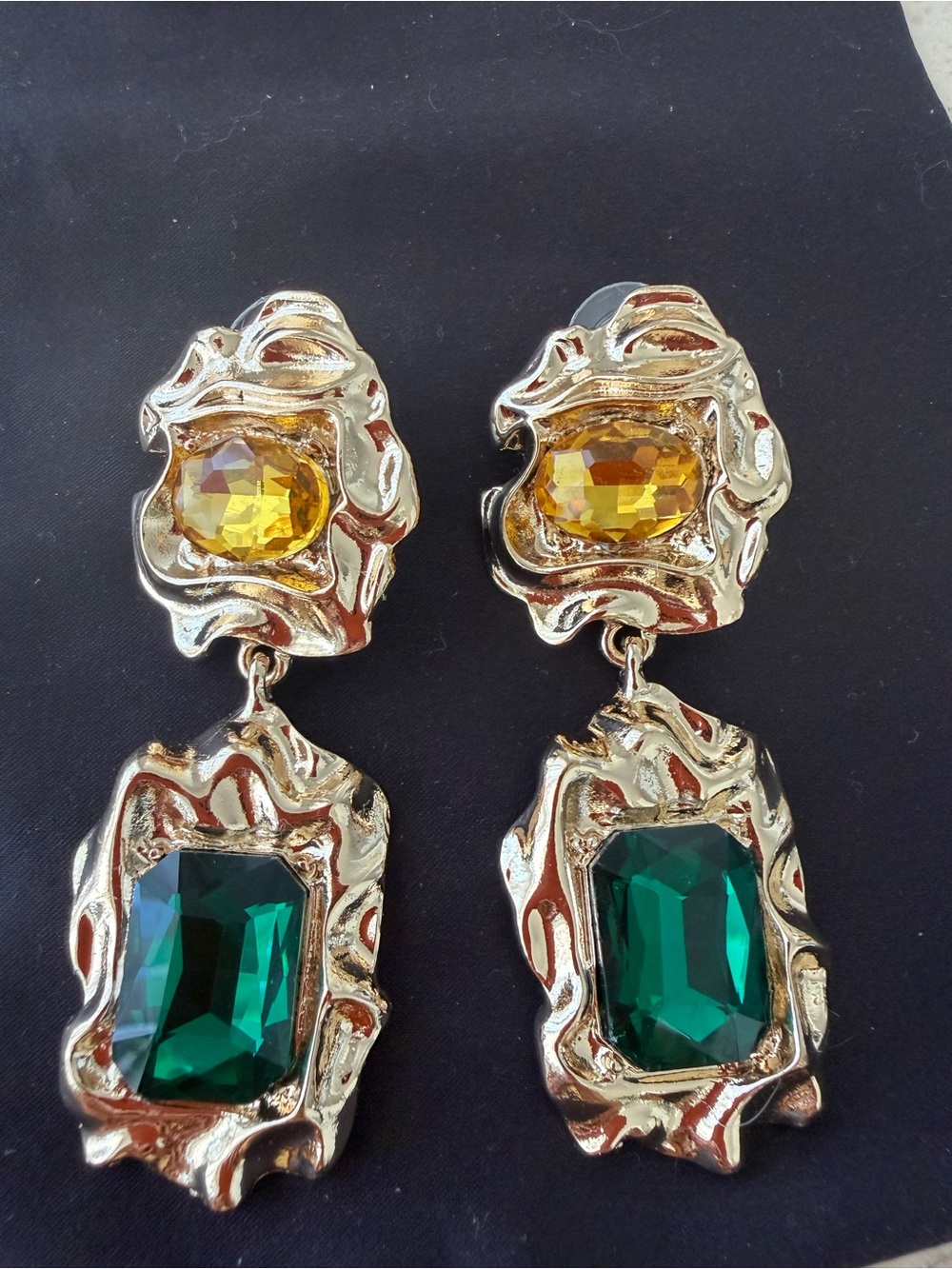 Gold-Tone Drop Earrings with Emerald Green and Amber Stones